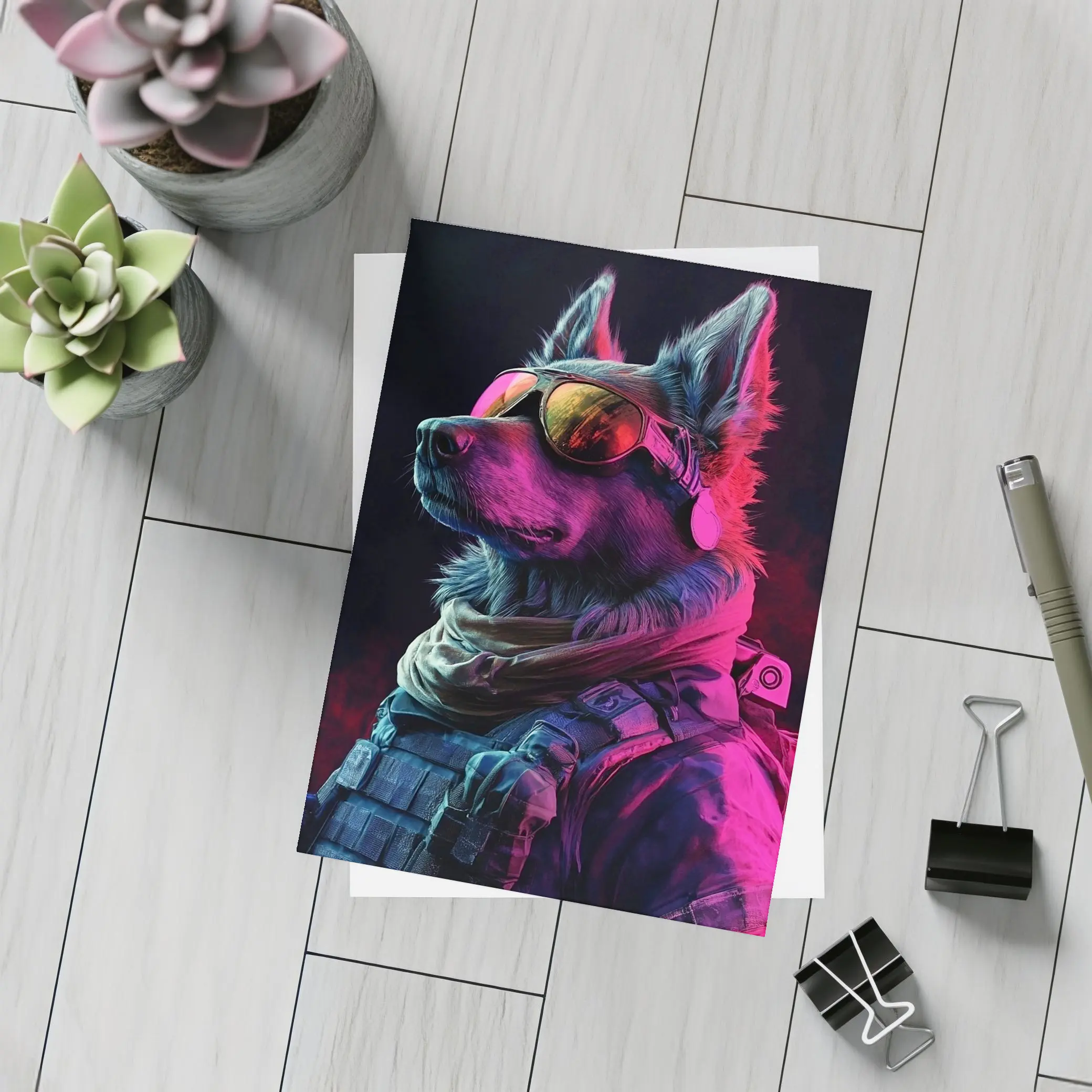 German Shepherd Tactical Gear Neon Dark Background – Postcards