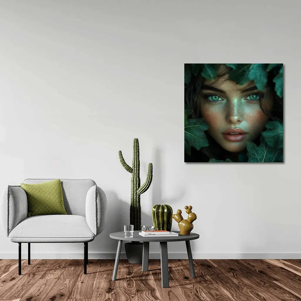 Green Eyed Woman Surrounded By Dark Leaves – Wall Art
