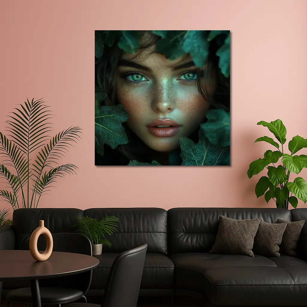 Green Eyed Woman Surrounded By Dark Leaves – Wall Art