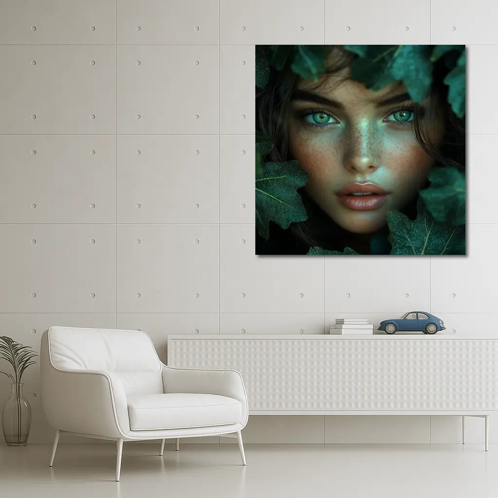 Green Eyed Woman Surrounded By Dark Leaves – Wall Art