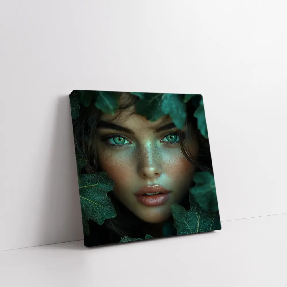Green Eyed Woman Surrounded By Dark Leaves – Wall Art