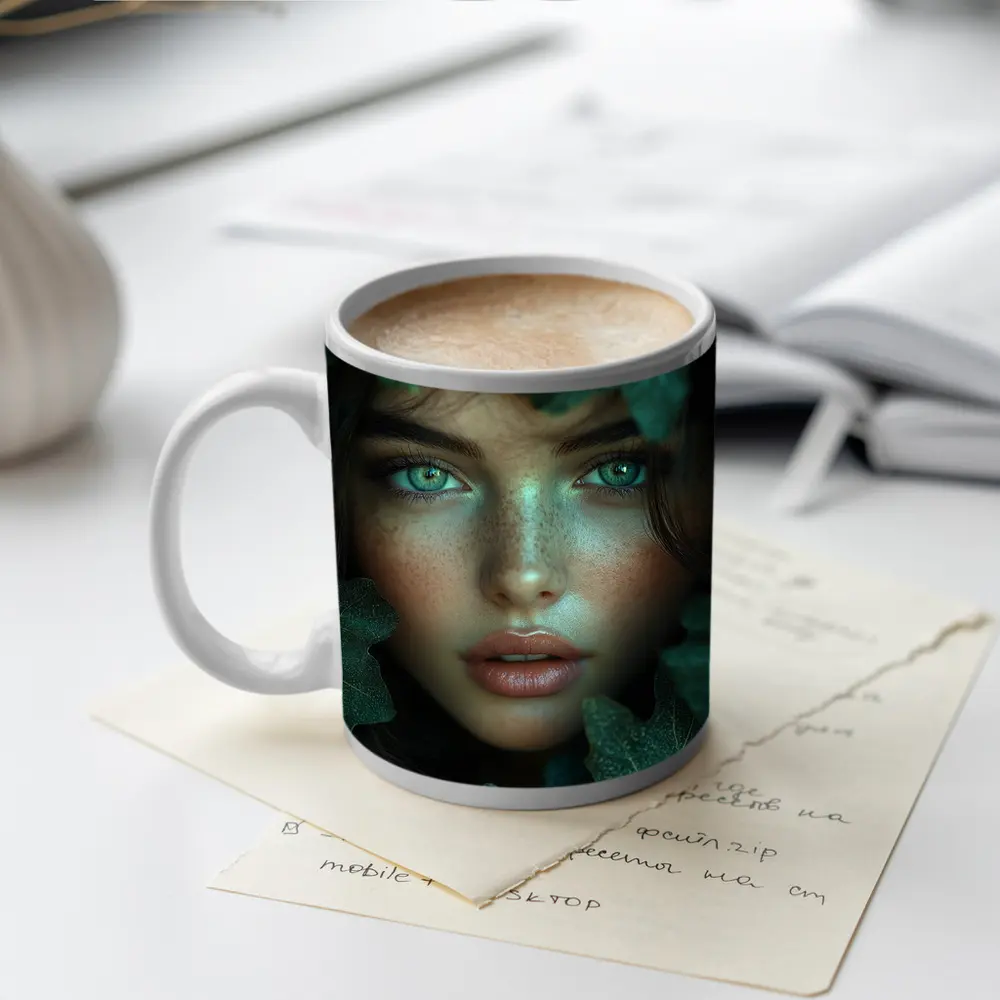 Green Eyed Woman Surrounded By Dark Leaves – Mugs