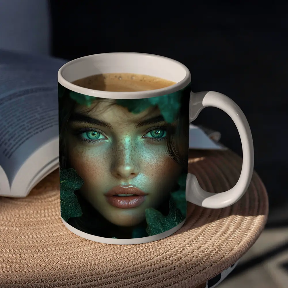 Green Eyed Woman Surrounded By Dark Leaves – Mugs
