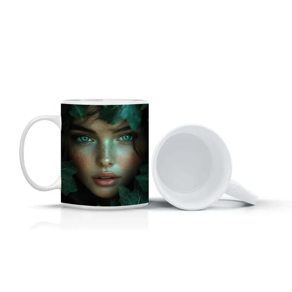 Green Eyed Woman Surrounded By Dark Leaves – Mugs