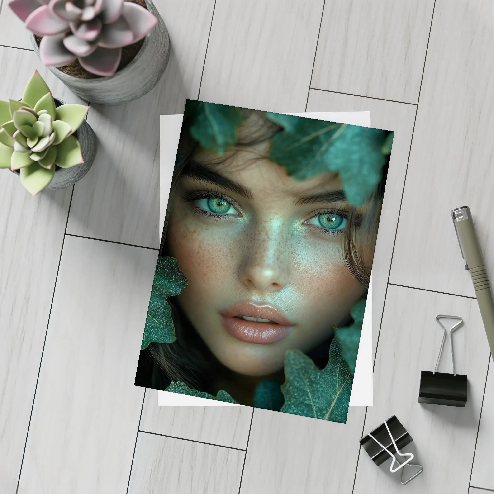 Green Eyed Woman Surrounded By Dark Leaves – Postcards