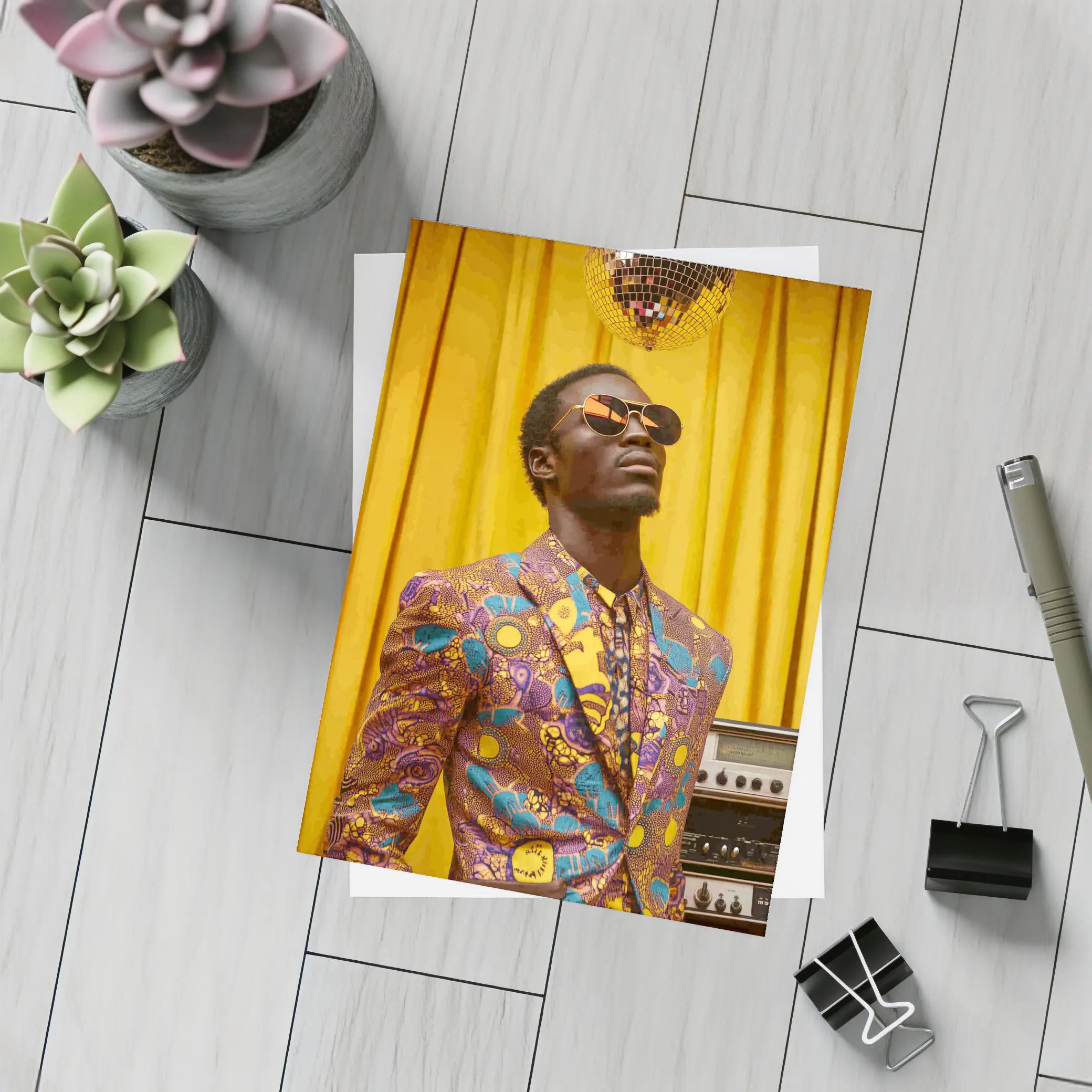 African Print Suit Man Disco Ball Yellow – Postcards