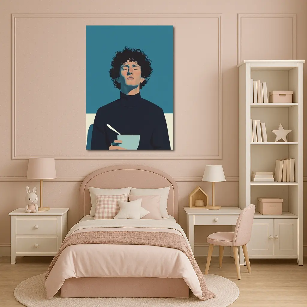 Young Man Holding Bowl Eyes Closed Blue – Wall Art
