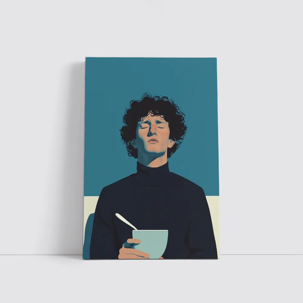 Young Man Holding Bowl Eyes Closed Blue – Wall Art