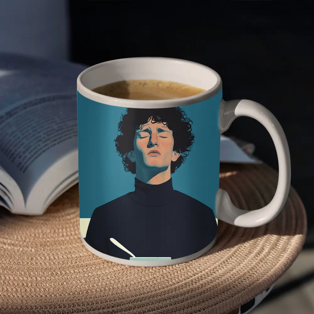 Young Man Holding Bowl Eyes Closed Blue – Mugs