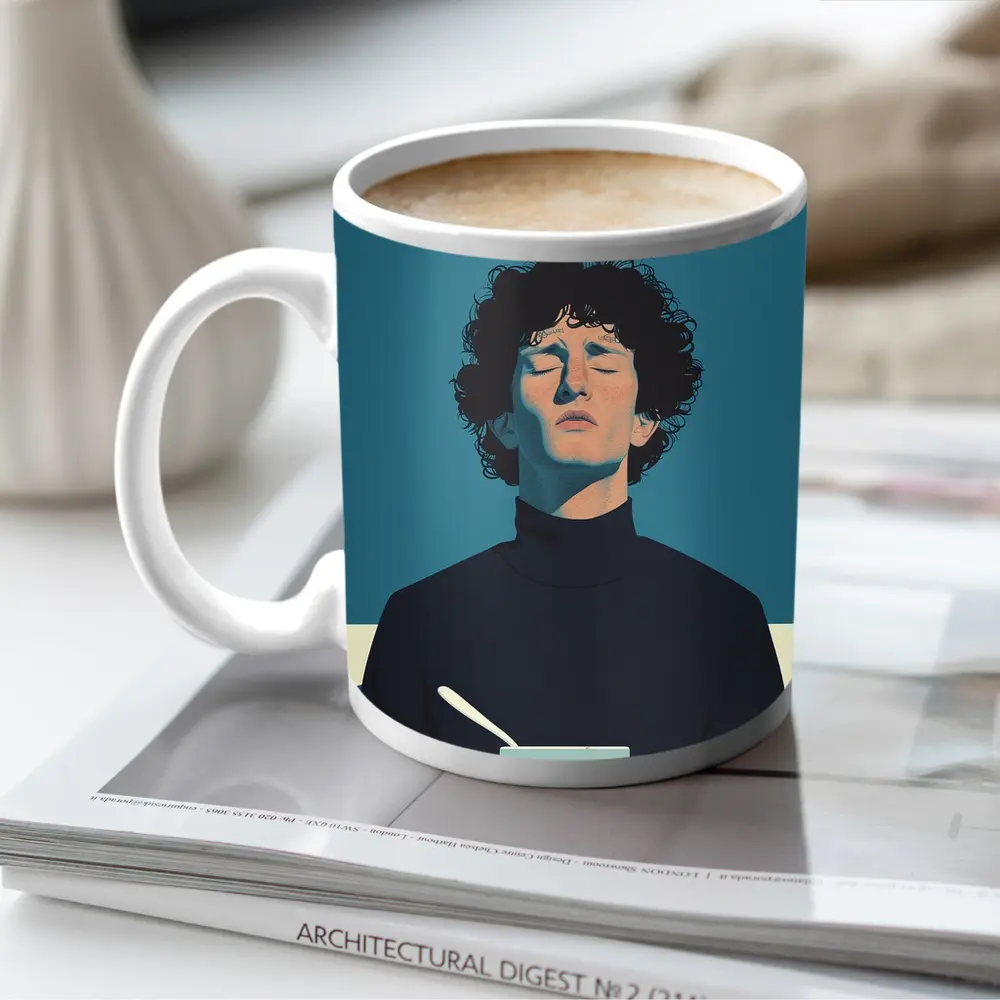 Young Man Holding Bowl Eyes Closed Blue – Mugs