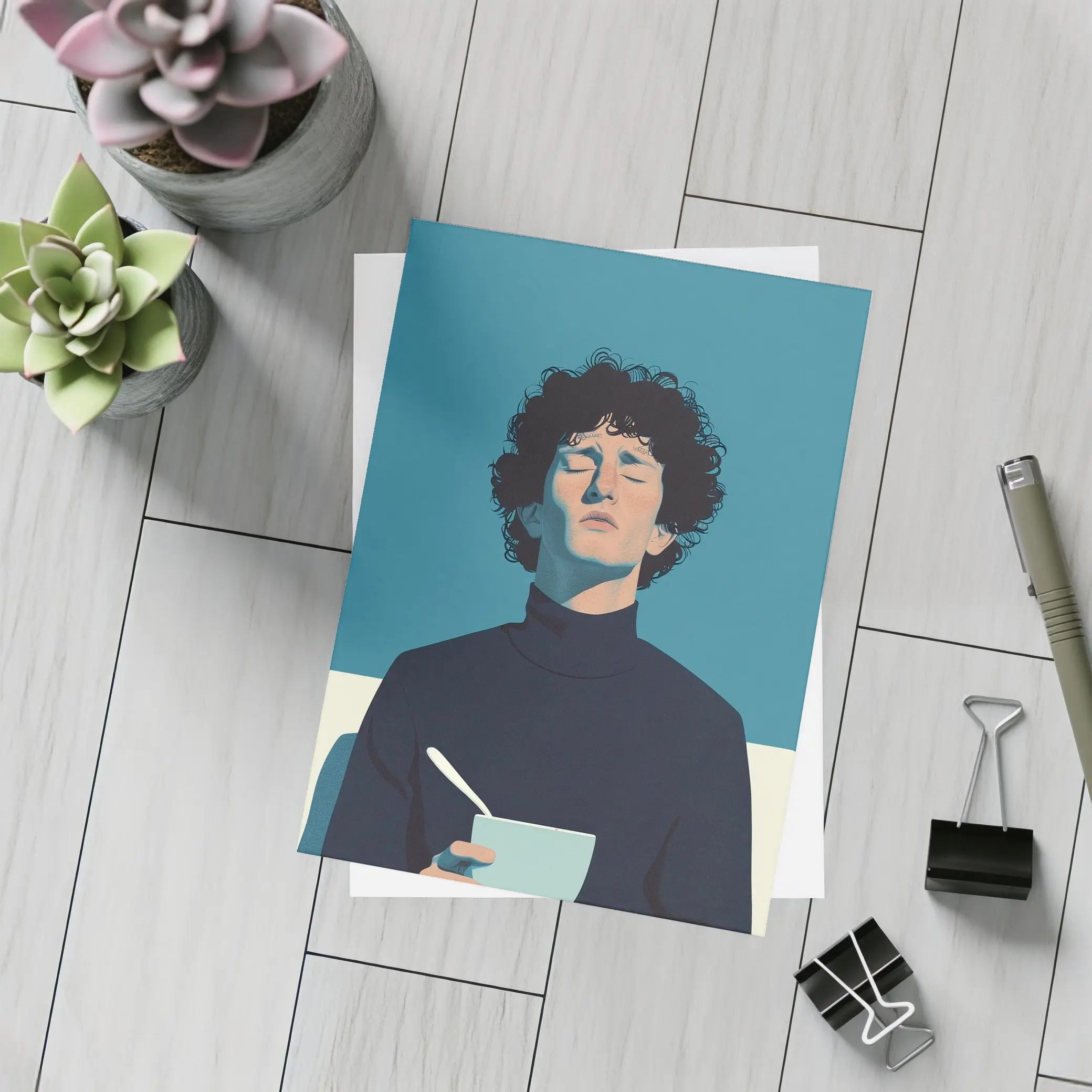 Young Man Holding Bowl Eyes Closed Blue – Postcards