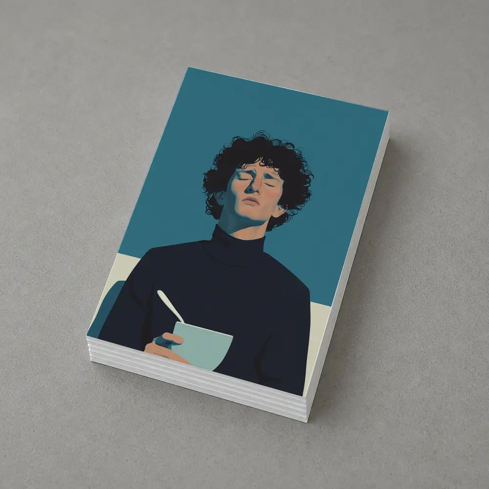 Young Man Holding Bowl Eyes Closed Blue – Postcards