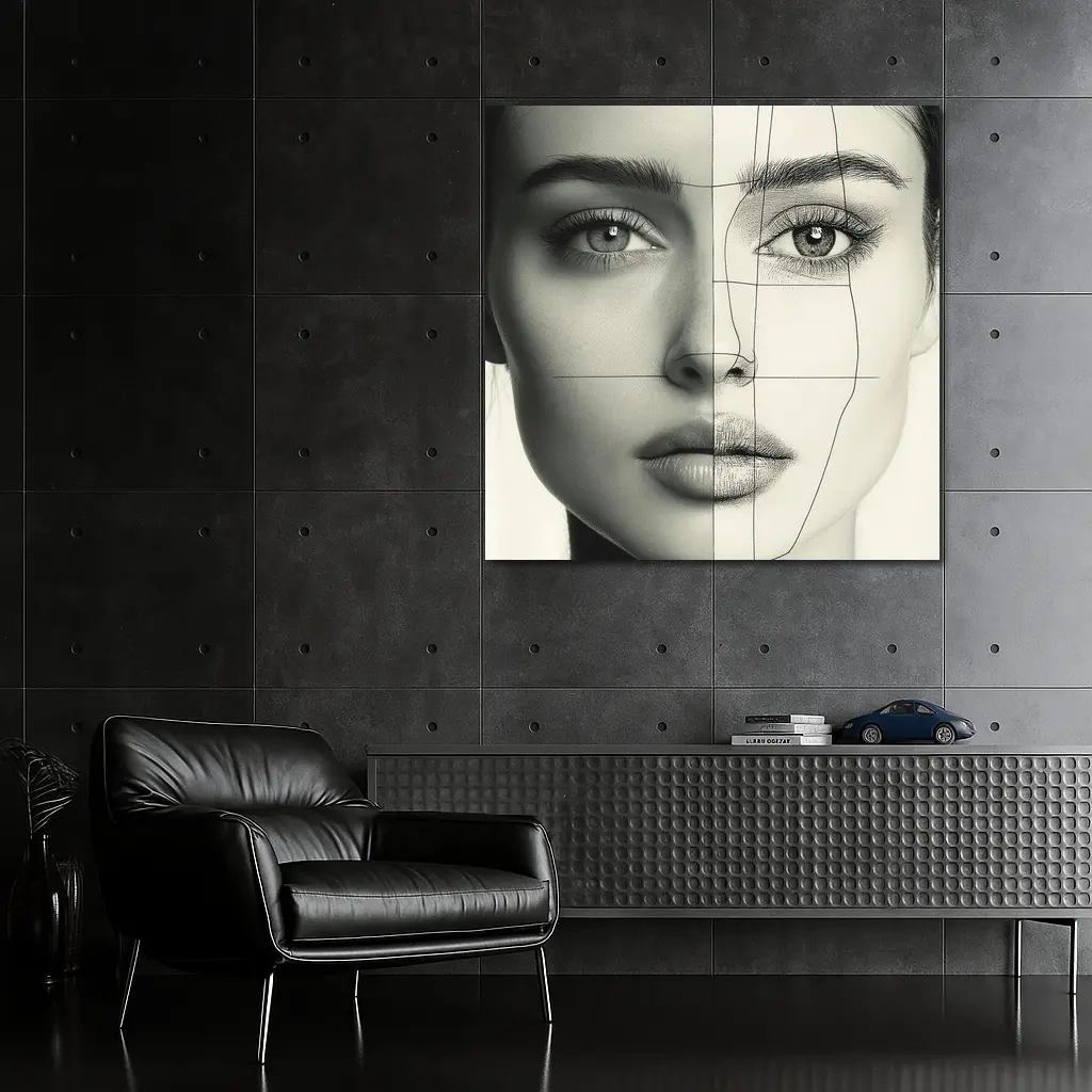 Woman Face Split Photo Sketch Portrait – Wall Art