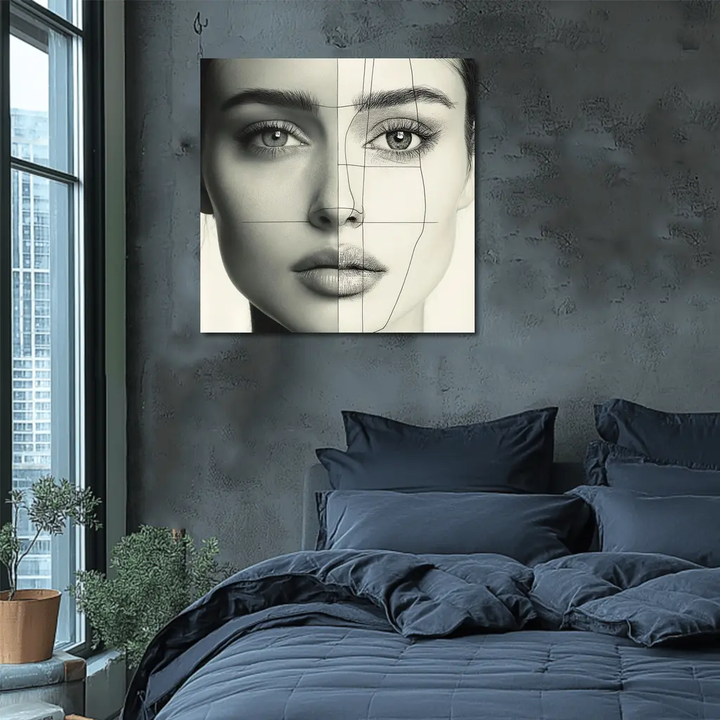 Woman Face Split Photo Sketch Portrait – Wall Art