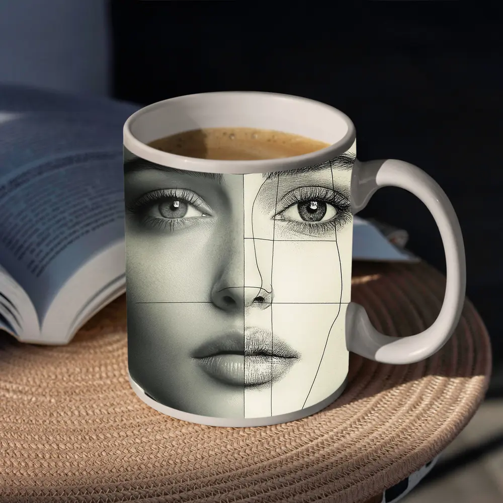 Woman Face Split Photo Sketch Portrait – Mugs