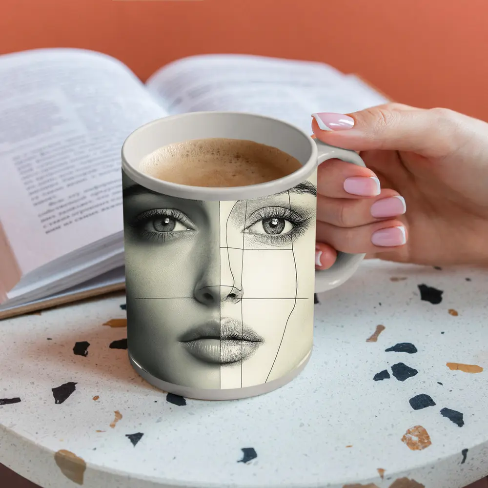Woman Face Split Photo Sketch Portrait – Mugs
