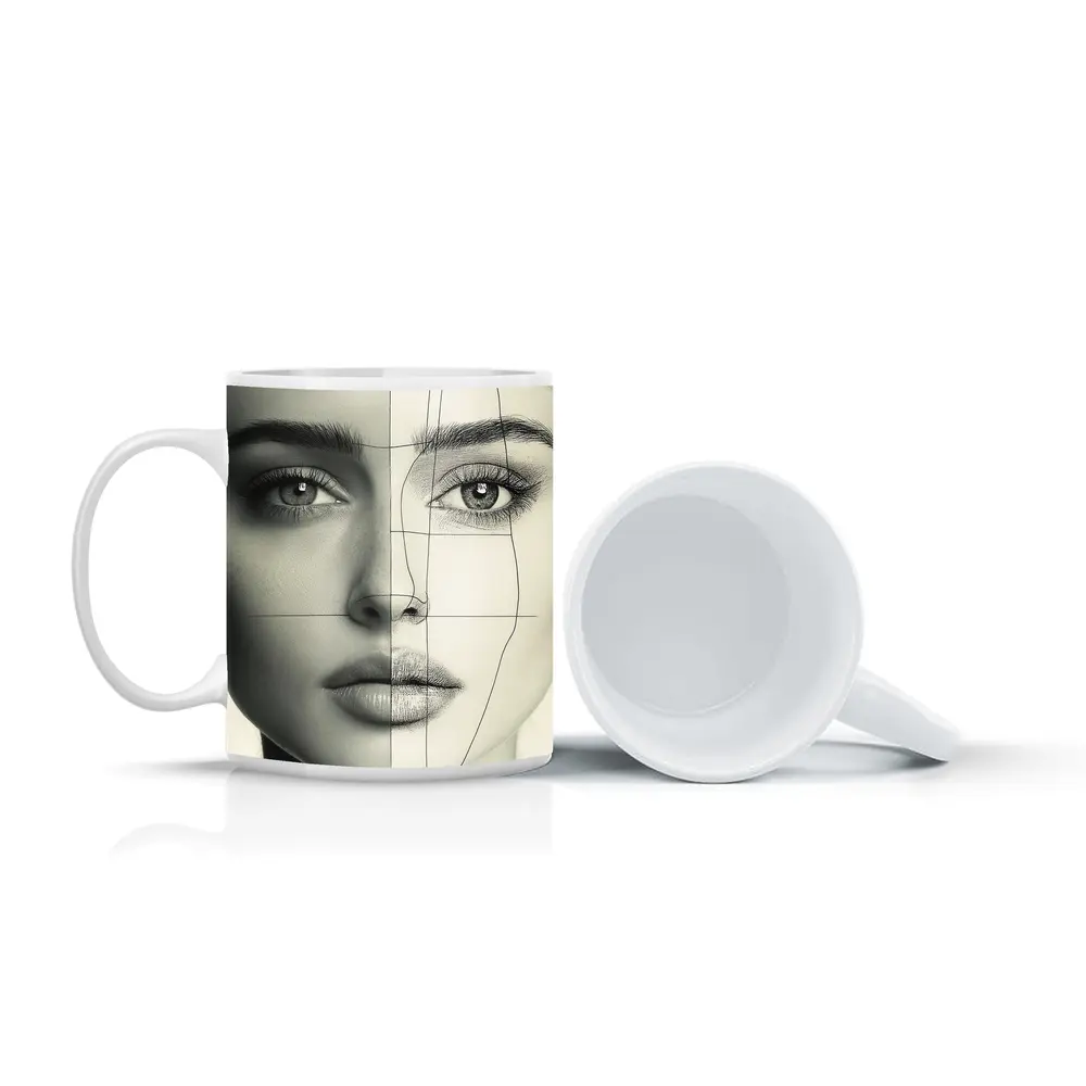 Woman Face Split Photo Sketch Portrait – Mugs