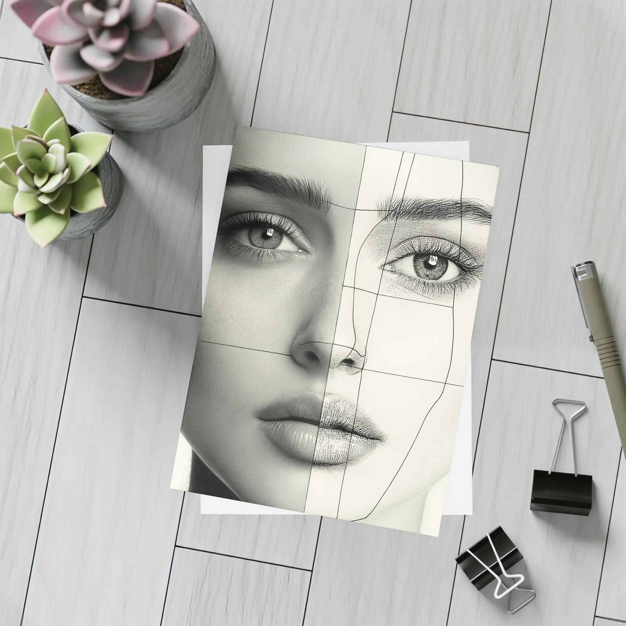 Woman Face Split Photo Sketch Portrait – Postcards