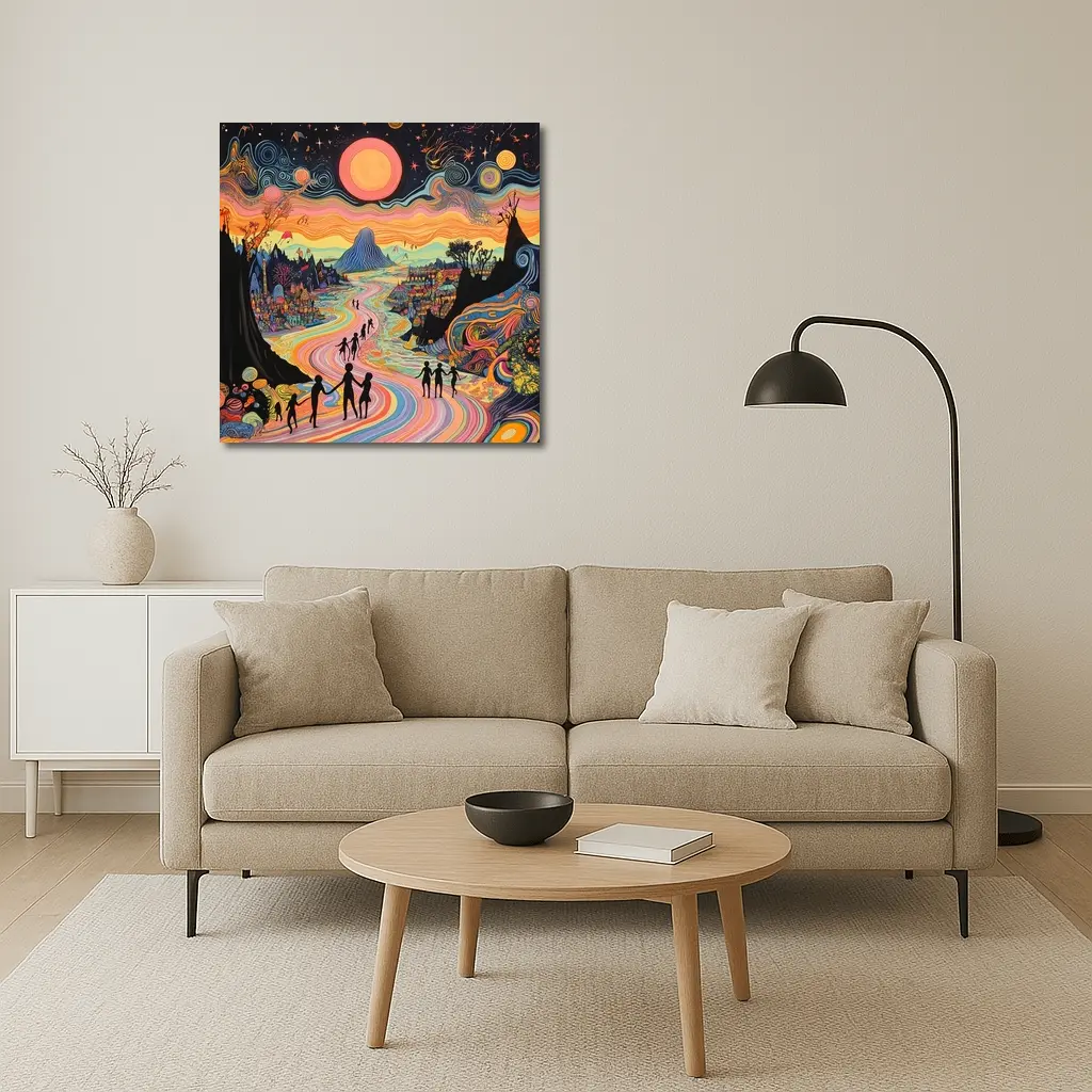 Psychedelic People Walking Colorful Swirling Landscape – Wall Art