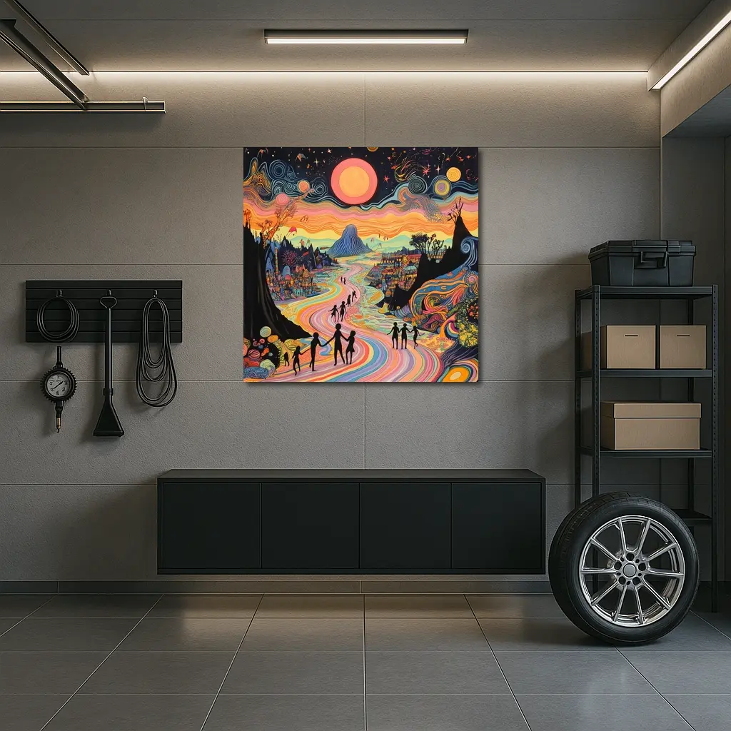 Psychedelic People Walking Colorful Swirling Landscape – Wall Art