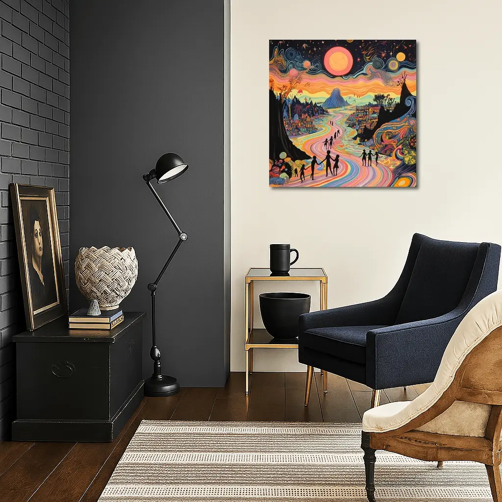 Psychedelic People Walking Colorful Swirling Landscape – Wall Art