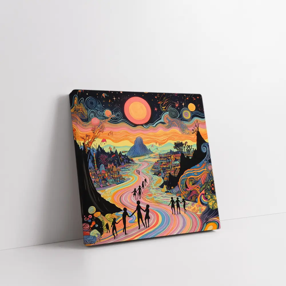 Psychedelic People Walking Colorful Swirling Landscape – Wall Art