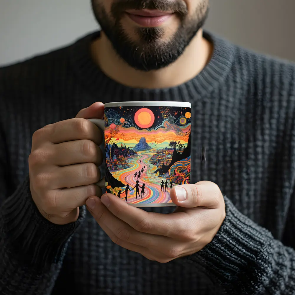 Psychedelic People Walking Colorful Swirling Landscape – Mugs