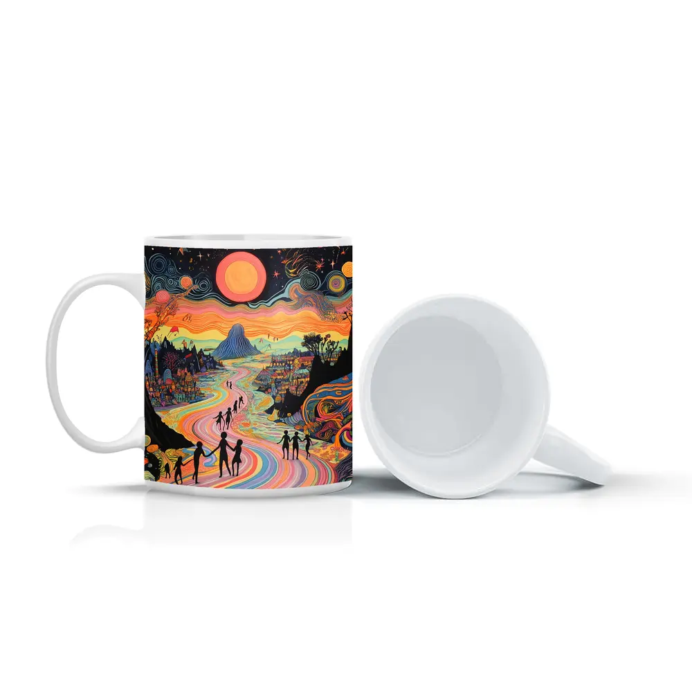 Psychedelic People Walking Colorful Swirling Landscape – Mugs