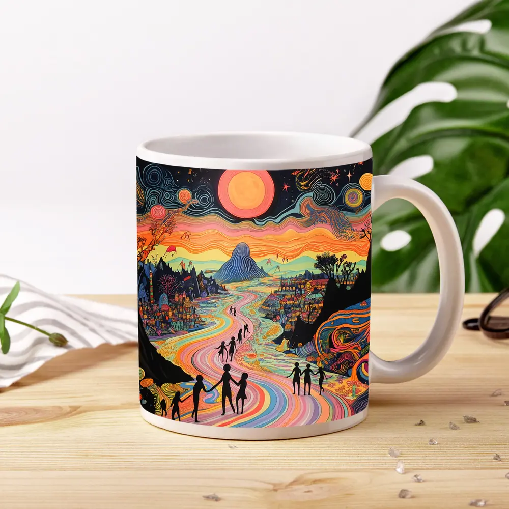 Psychedelic People Walking Colorful Swirling Landscape – Mugs