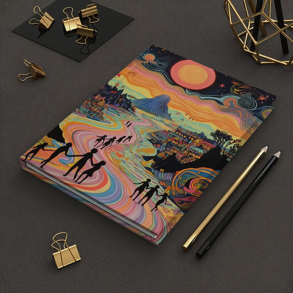 Psychedelic People Walking Colorful Swirling Landscape – Notebooks