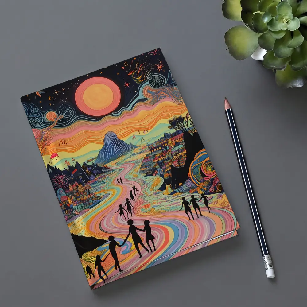 Psychedelic People Walking Colorful Swirling Landscape – Notebooks
