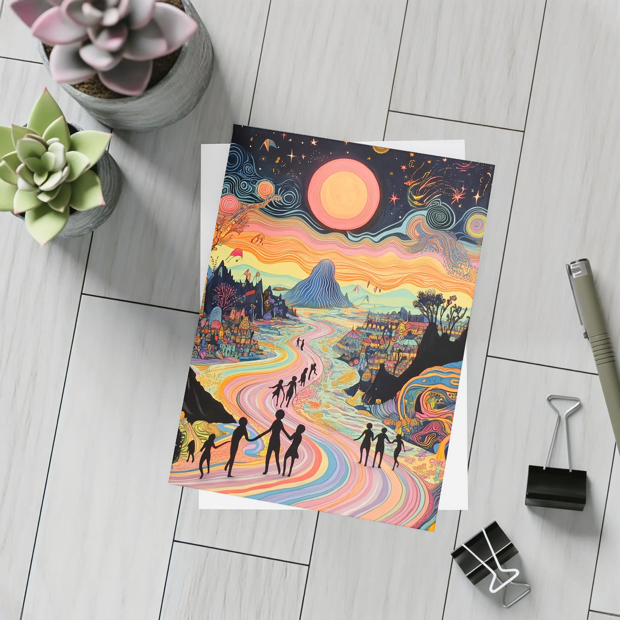 Psychedelic People Walking Colorful Swirling Landscape – Postcards