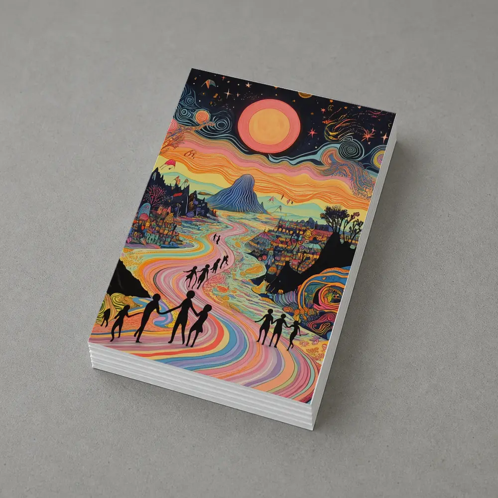 Psychedelic People Walking Colorful Swirling Landscape – Postcards