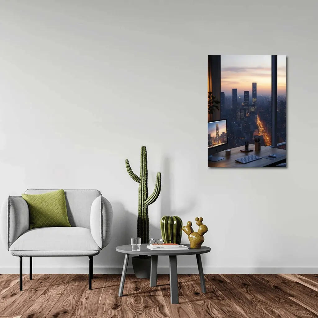 City Skyline Dusk View From Office Desk – Wall Art