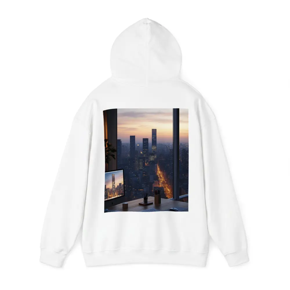 City Skyline Dusk View From Office Desk – Hoodies