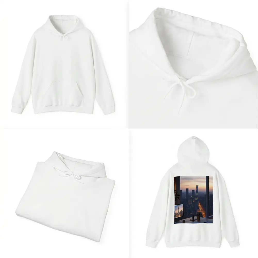 City Skyline Dusk View From Office Desk – Hoodies