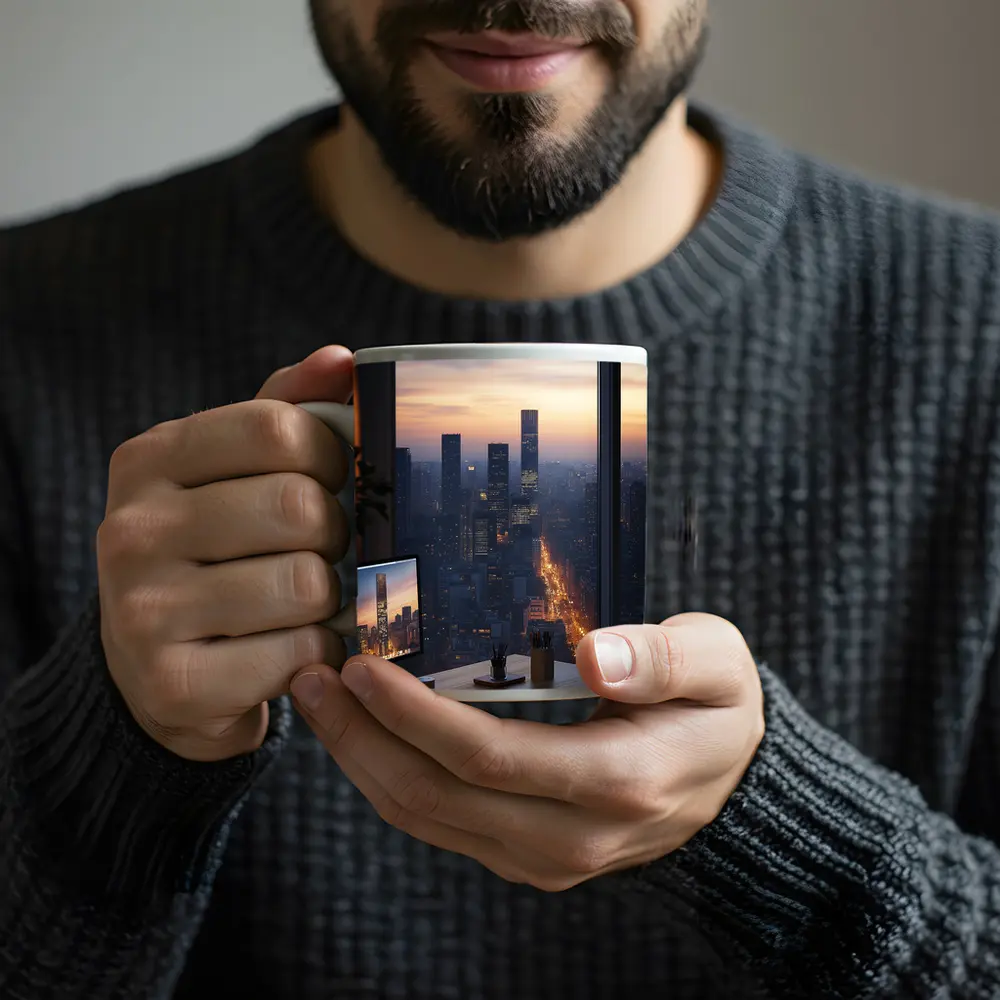 City Skyline Dusk View From Office Desk – Mugs