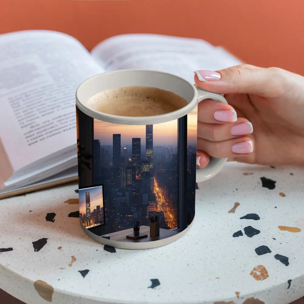 City Skyline Dusk View From Office Desk – Mugs