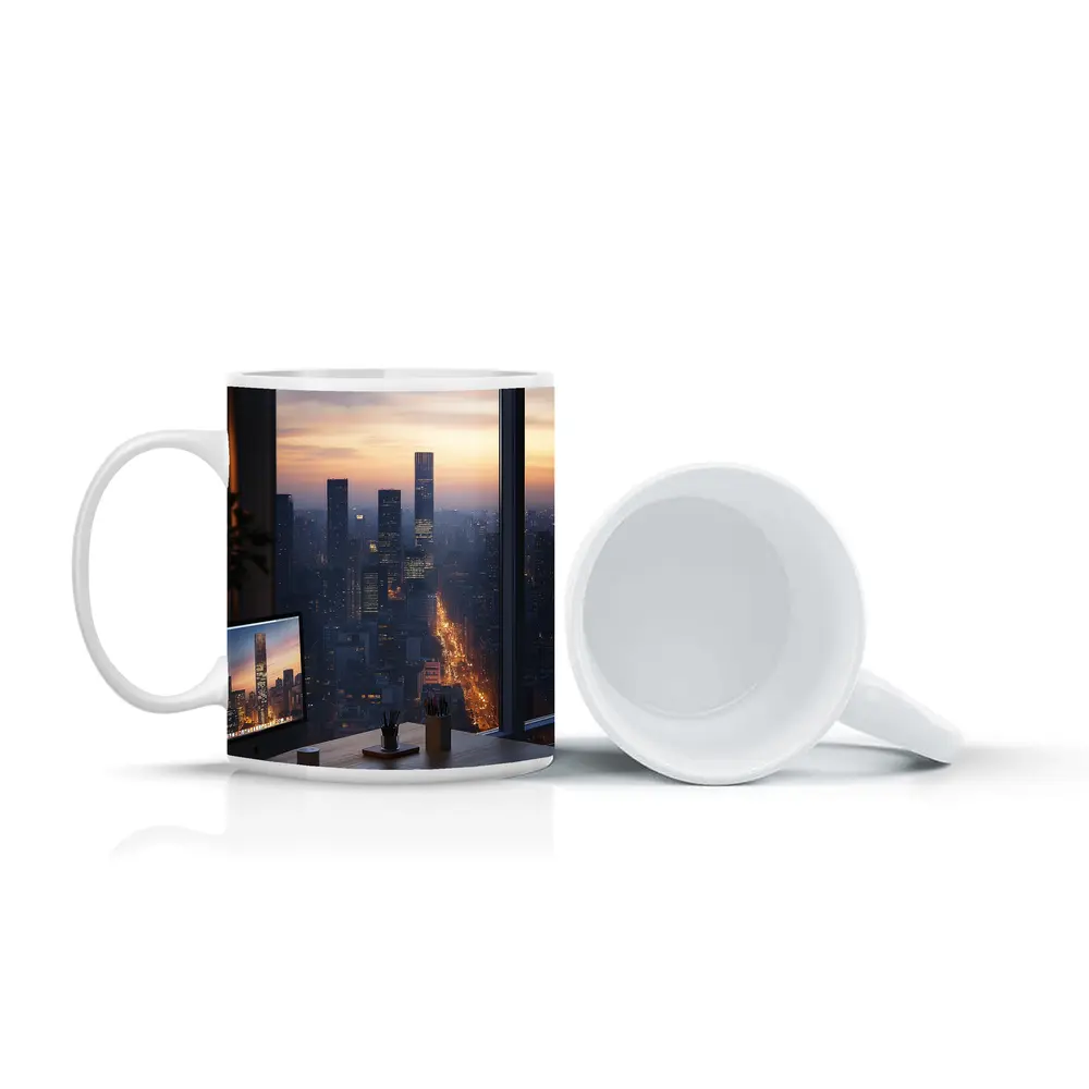 City Skyline Dusk View From Office Desk – Mugs
