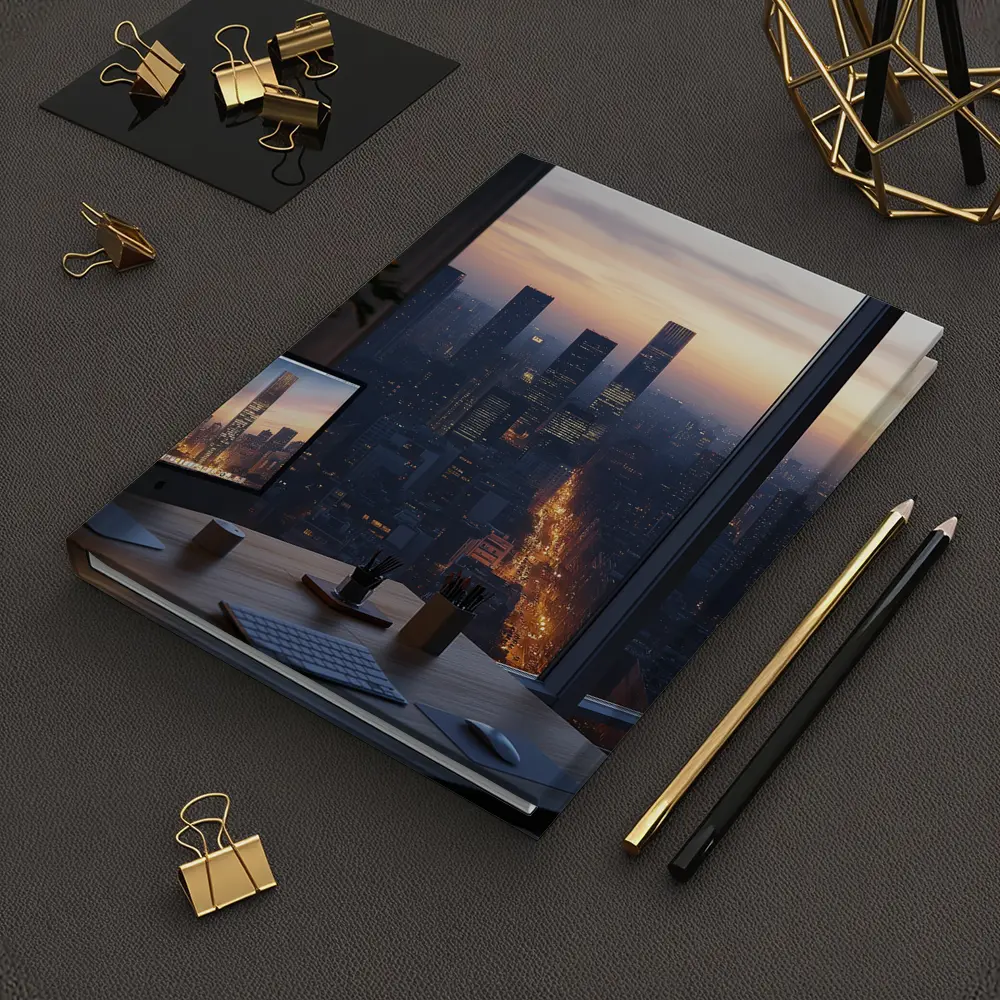 City Skyline Dusk View From Office Desk – Notebooks