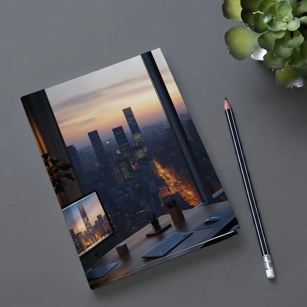 City Skyline Dusk View From Office Desk – Notebooks