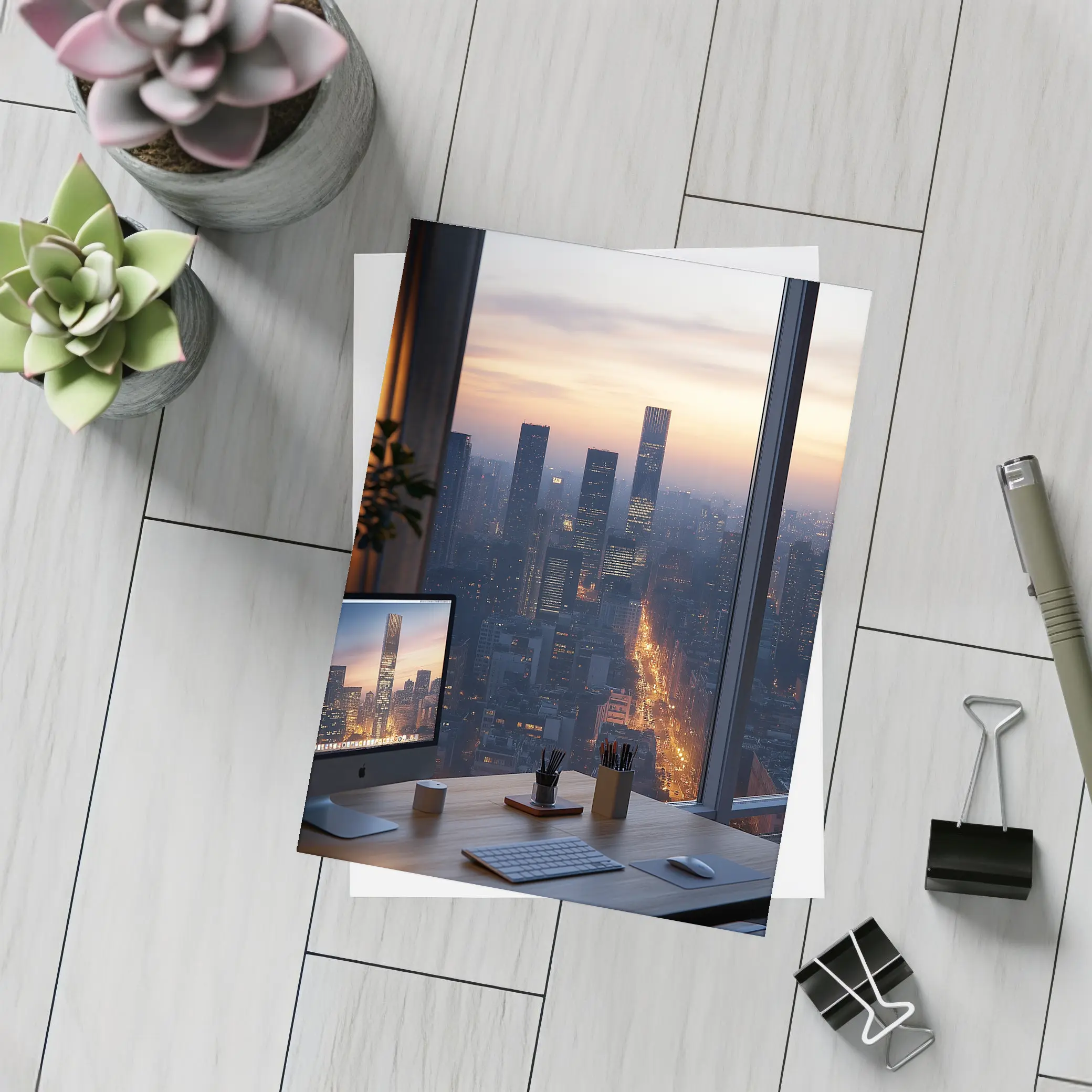 City Skyline Dusk View From Office Desk – Postcards