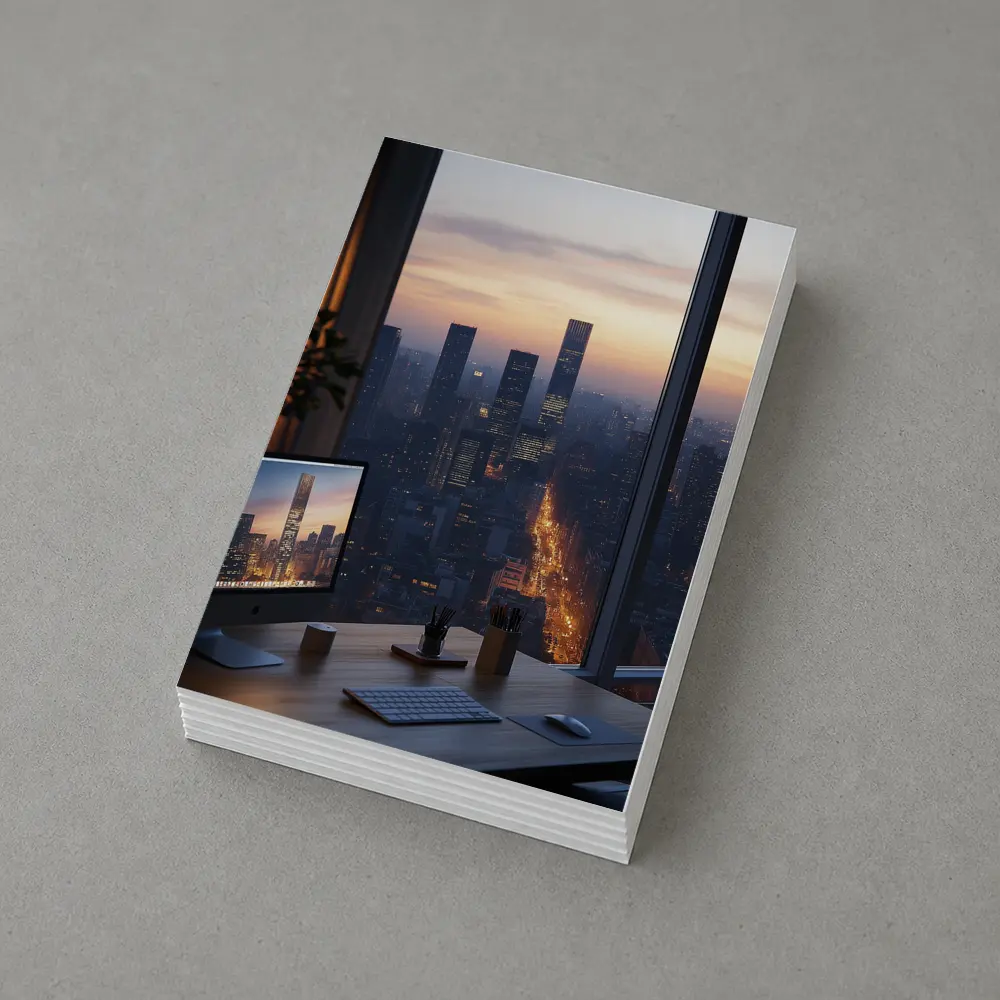 City Skyline Dusk View From Office Desk – Postcards