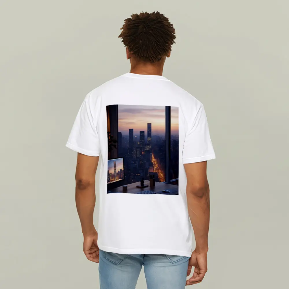 City Skyline Dusk View From Office Desk – T-Shirts