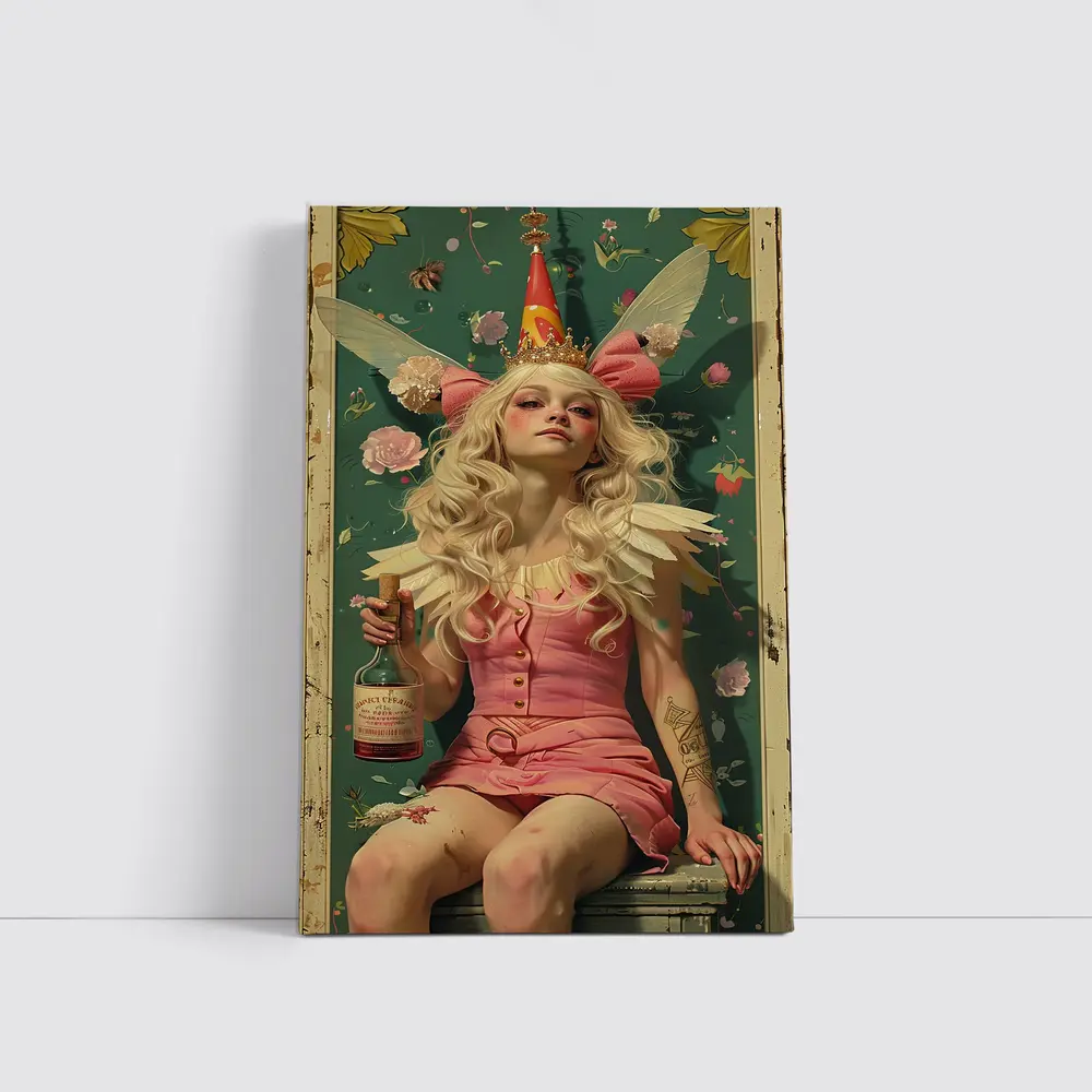 Fairy Queen Blonde Woman Pink Floral Background – Wall Art