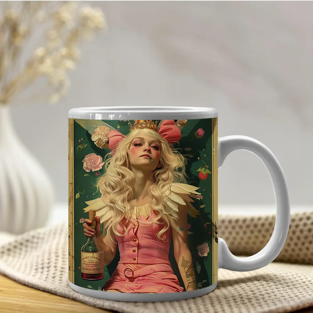 Fairy Queen Blonde Woman Pink Floral Background – Mugs