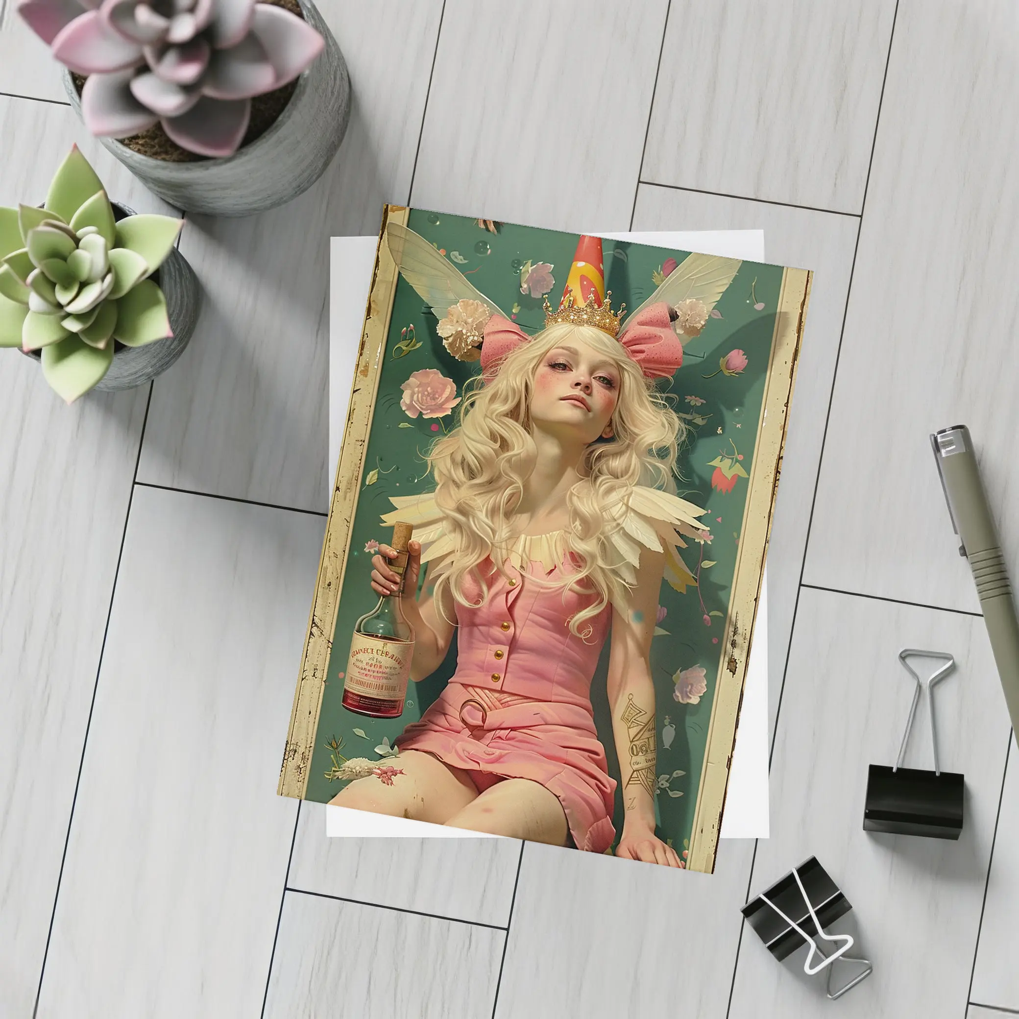 Fairy Queen Blonde Woman Pink Floral Background – Postcards