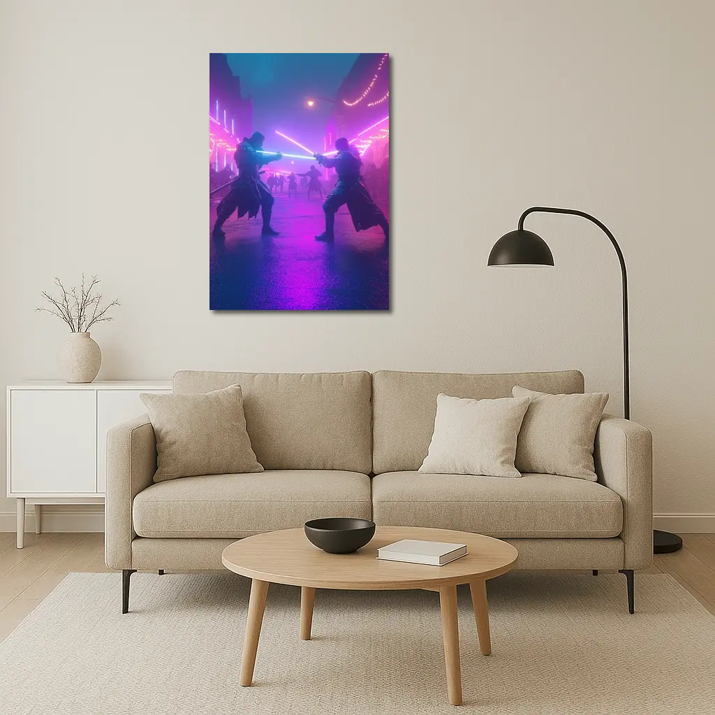Neon Lightsaber Duel Cyberpunk City Street – Wall Art