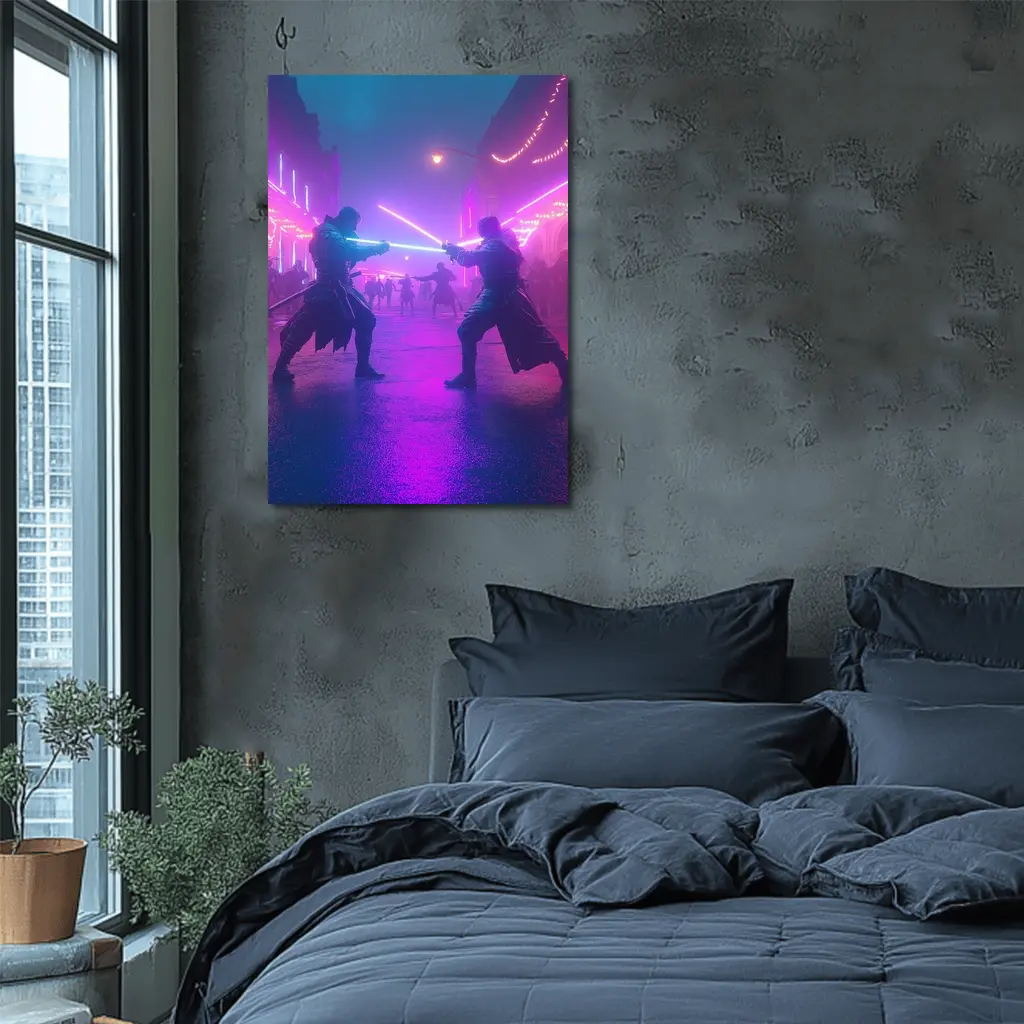 Neon Lightsaber Duel Cyberpunk City Street – Wall Art