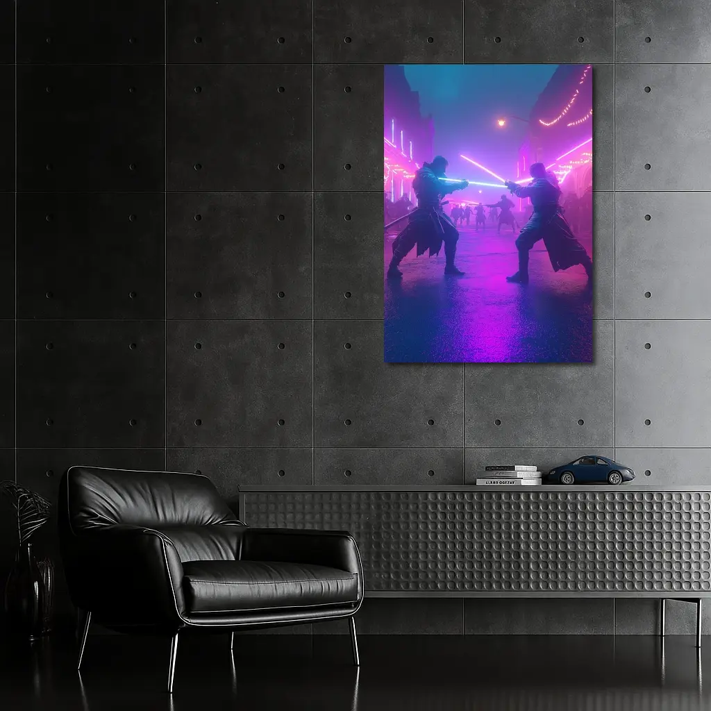 Neon Lightsaber Duel Cyberpunk City Street – Wall Art